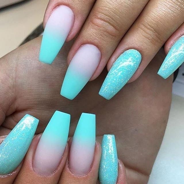 ombré aguamarine decorated long nail designs