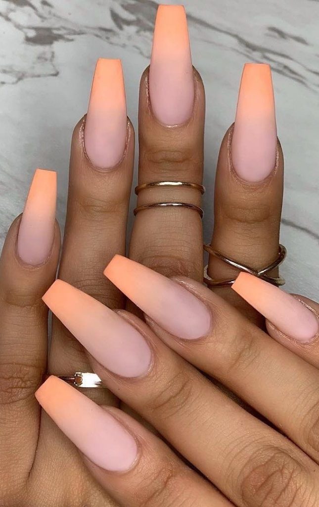 long gel nails - ombré peach nails - decorated nail designs