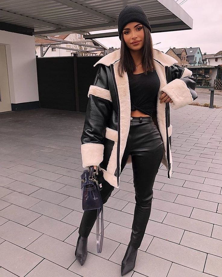 black and white outfit invierno 2020 jacket leather shearling warm women
